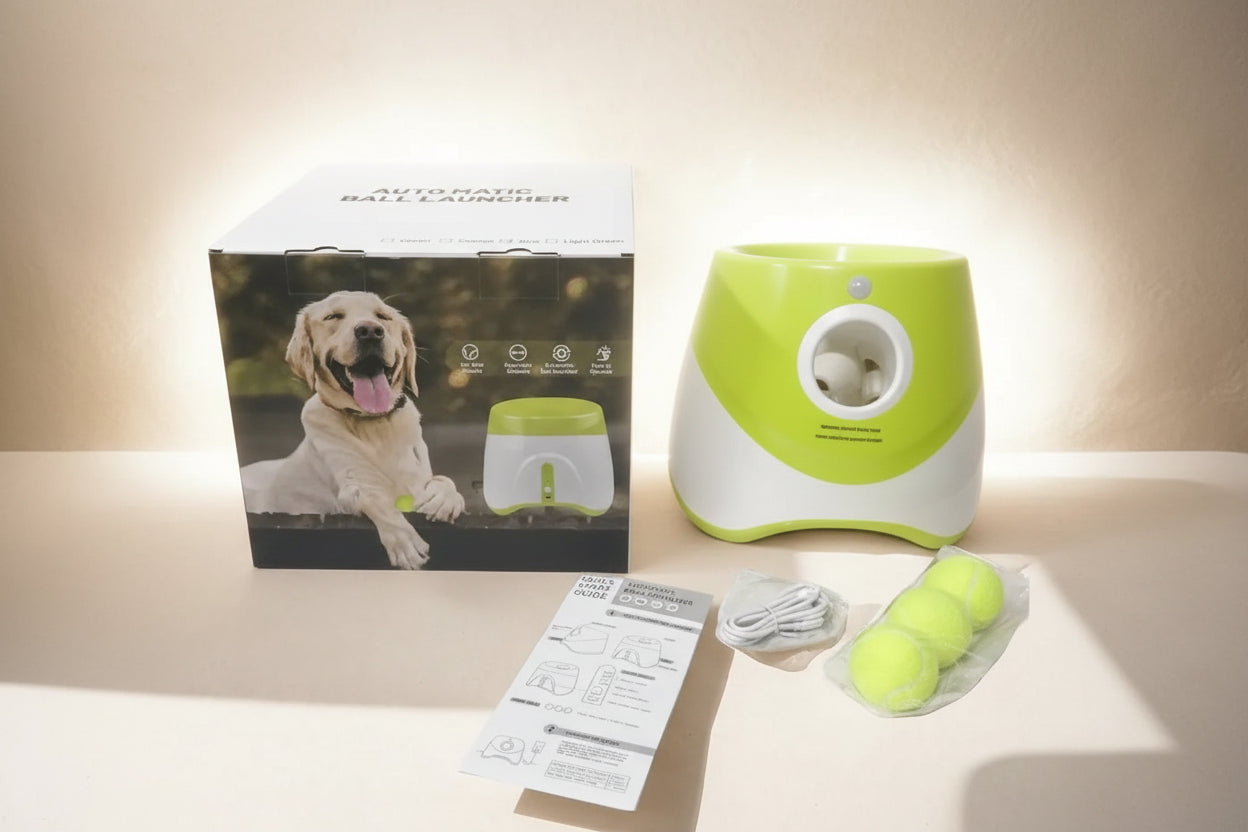 Green and white automatic ball launcher for dogs with packaging, user manual, and tennis balls on a beige surface.