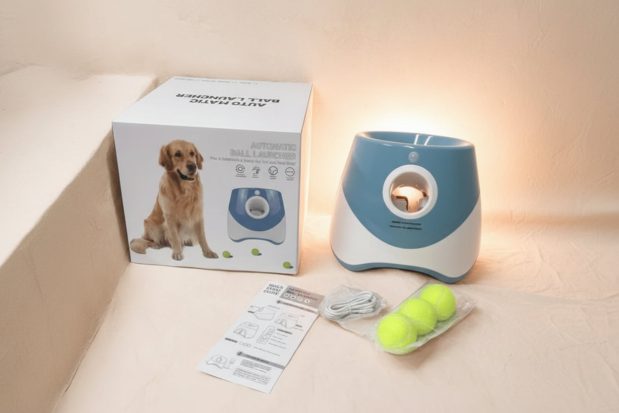Automated ball launcher for dogs with packaging, manual, and tennis balls on a beige surface.