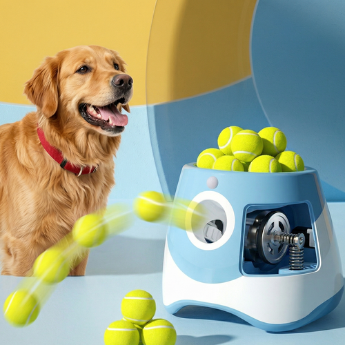 Dog playing with a tennis ball throwing machine against a colorful background